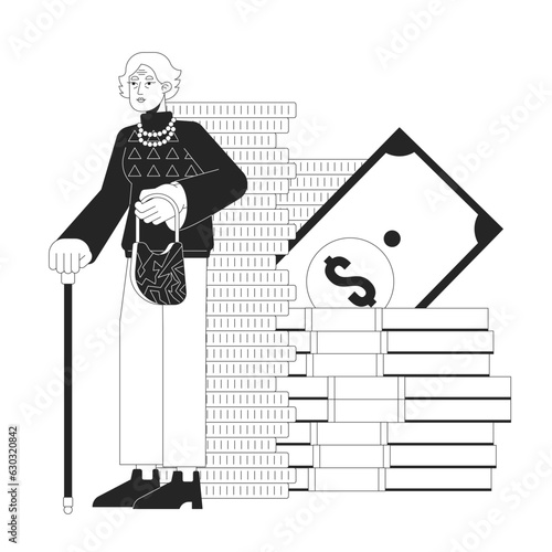 Elderly businesswoman accumulating money bw concept vector spot illustration. Woman with walking stick 2D cartoon flat line monochromatic on white for web UI design. Editable isolated color hero image