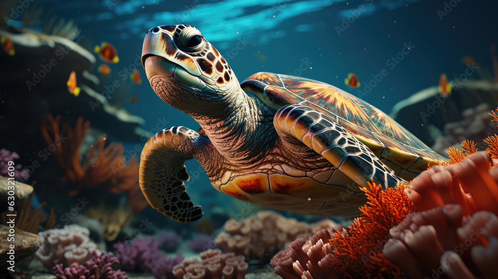 Fototapeta premium Generative ai illustration of coral reef with sea turtle gliding through the water