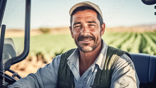 Portrait of confident man farmer in cap working on a tractor in the field. Field farming vehicle. Machine for agriculture. 

 photo
