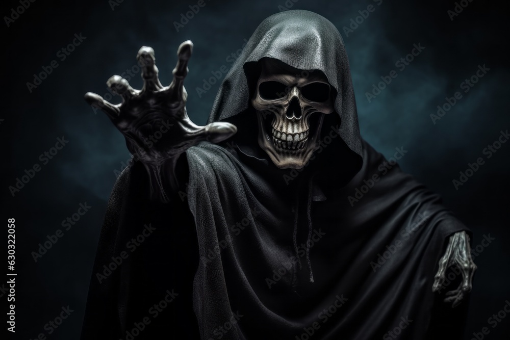Death or Grim reaper reaches out to the person and approaches. The concept of fears and phobias. Halloween concept. Death or Grim reaper reaches out to the person and approaches. The concept of fears and phobias. Halloween concept.