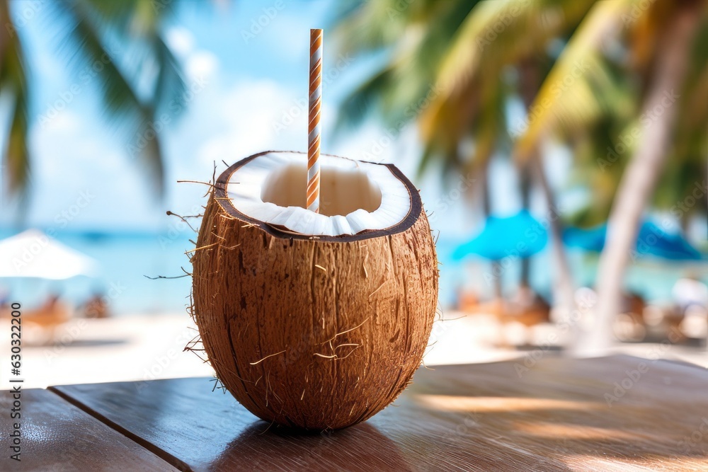 Coconut as a symbol of a tropical cocktail. Background with selective focus and copy space