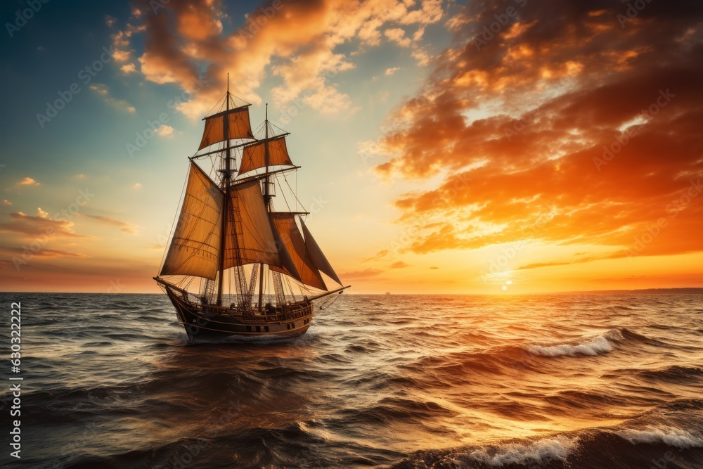 Sailboat as a symbol of the holiday in the United States. The concept of Columbus day and the discovery of America. Background