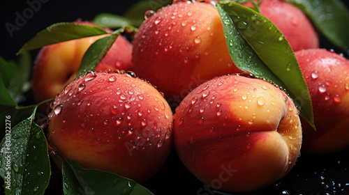 Peaches background, adorned with glistening raindrops of water. top down view. shot using a dsIr camera, iso 800. professional color grading, Created with Generative AI Technology. photo