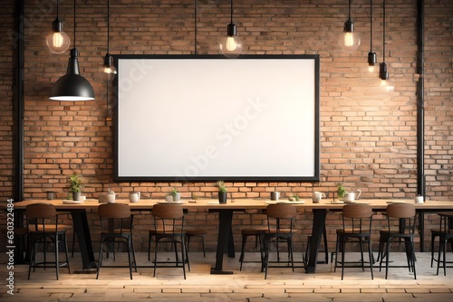 Slika na platnu Front view blank black menu frame on brick wall with lamp in loft cafe interior,