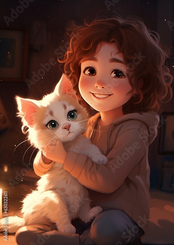 child female with cute cat 2d art illustration