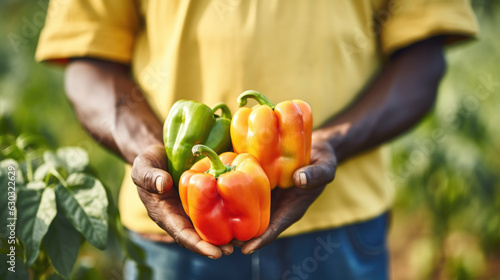 Male farmer holding a crop of peppers.