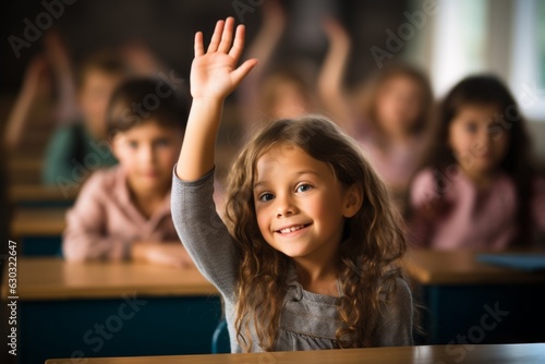 The girl raises her hand for an answer in the classroom. Back To School concept. Backdrop with selective focus