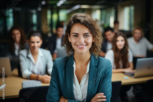 Happy and cheerful woman executive in a corporate office. Portrait with selective focus and copy space