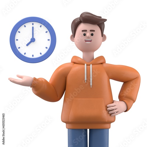 Obraz na plátně 3D illustration of male guy Qadir standing, smiling, pointing to timer