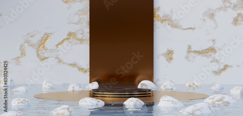 Round podium on water surface zen japanese style podium background minimalist zen marble and gold material Floating rocks 3D illustration