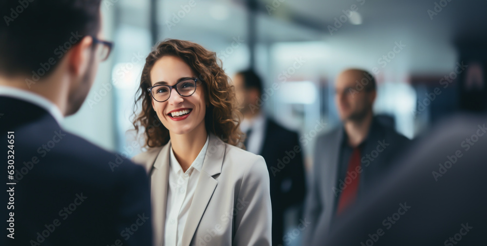 Young businesswoman talking to colleagues or supervisor in modern company hallway - work climate, colleagues, compliance - Generative AI - obrazy, fototapety, plakaty 