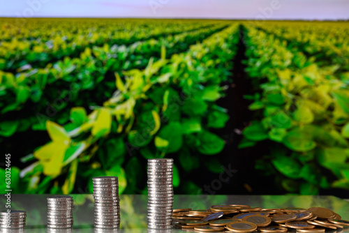 stacks of coins in the form of a bar chart, plants in the background, agri-business investment concept and carbon credits