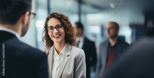 Young businesswoman talking to colleagues or supervisor in modern company hallway - work climate, colleagues, compliance - Generative AI
