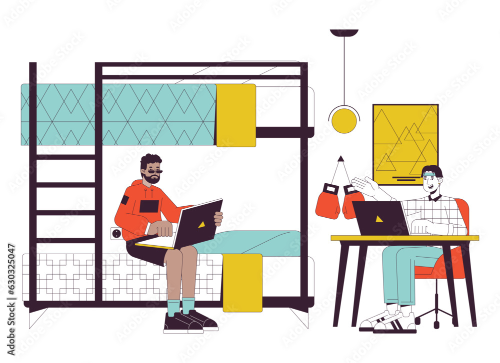 Dorm roommates studying together flat line vector spot illustration. Dormitory boys 2D cartoon outline characters on white for web UI design. Doing homework editable isolated color hero image Dorm roommates studying together flat line vector spot illustration. Dormitory boys 2D cartoon outline characters on white for web UI design. Doing homework editable isolated color hero image