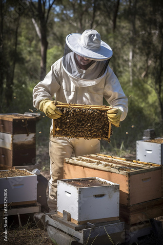 Beekeeper in protective suit working on bee hive with honey bees. Generative AI