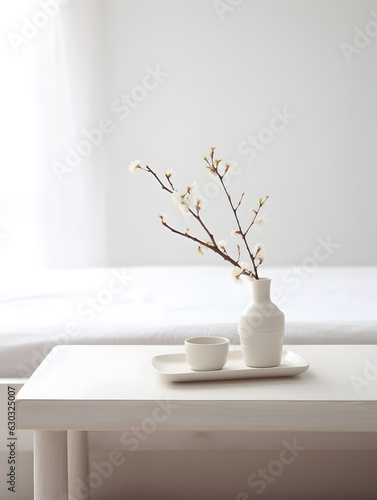 A cup on a wooden table with blurred bed in the background