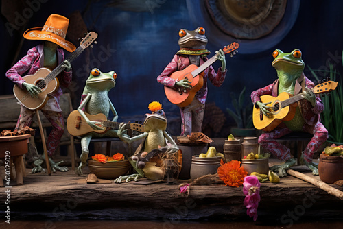 Singing frogs with sombreros, serapes and instruments