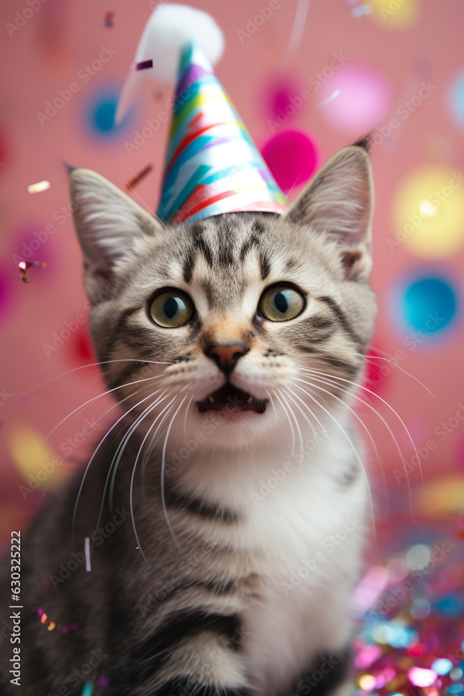 Happy Birthday card with happy smilling cat wearing party hat. Generative AI Happy Birthday card with happy smilling cat wearing party hat. Generative AI