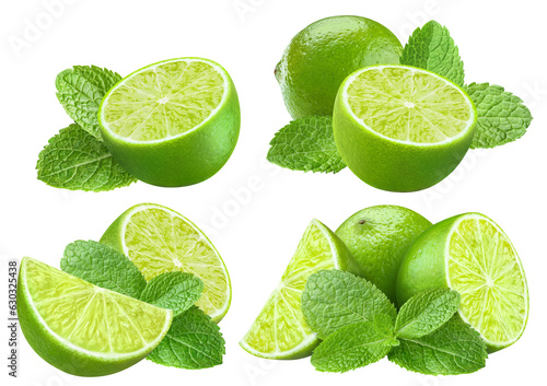 Set of delicious limes with mint leaves, cut out