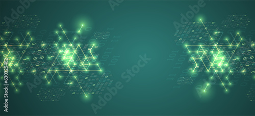 Isometric illustration. Digital technology and engineering background with glowing effect and numbers.