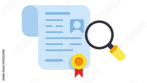 Certificate with magnifying glass. concept of verifying document or profile. vector illustration
