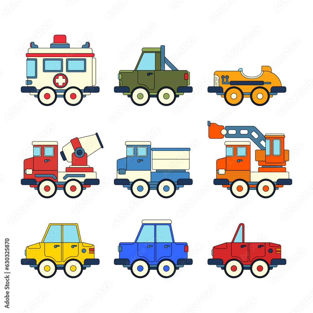 Color vector icon set with toys car, truck. Engaging and interactive toys that spark creativity and imagination. Made for kids. Encourage playtime and ignite the joy of discovery with children's toys.