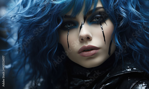 A woman with blue hair and black makeup