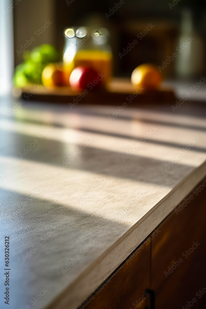 Close up of counter top with fruits and vegetables in the background.