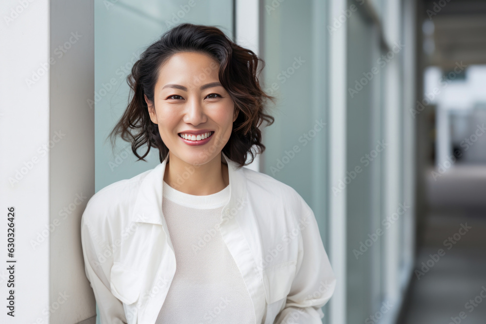 A woman standing next to a wall smiling. A woman standing next to a wall smiling.