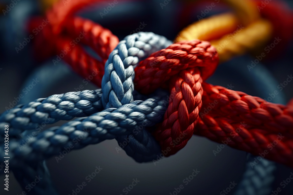 Close up of rope with knot in the middle of it. - obrazy, fototapety, plakaty 