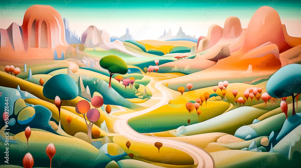 Paysage fantastique et féérique d'un monde merveilleux, dans les tons pastels, chemin serpentant dans la vallée - Générative ia - obrazy, fototapety, plakaty 