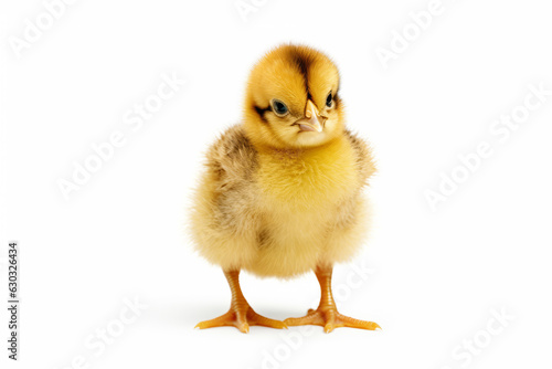 Small yellow chicken standing up against white background with sad look on its face.