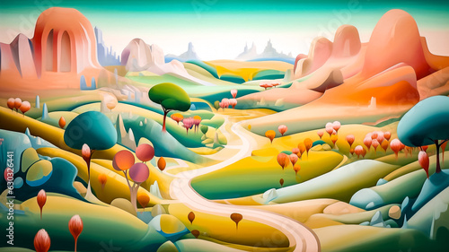 Paysage fantastique et féérique d'un monde merveilleux, dans les tons pastels, chemin serpentant dans la vallée - Générative ia
