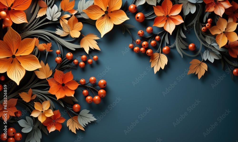 Autumn background with paper cut maple, oak leaves and berry . Layered effect, carving art Autumn background with paper cut maple, oak leaves and berry . Layered effect, carving art