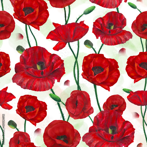 Seamless pattern with poppies flowers - digital watercolor illustrations on a white background with petals and light dots of colors.