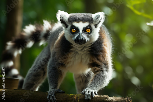 Cute ring-tailed lemurs with long tails play happily in the jungle. Generative AI.