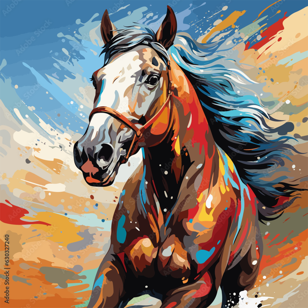 Painting of horse running through field of paint splatters.