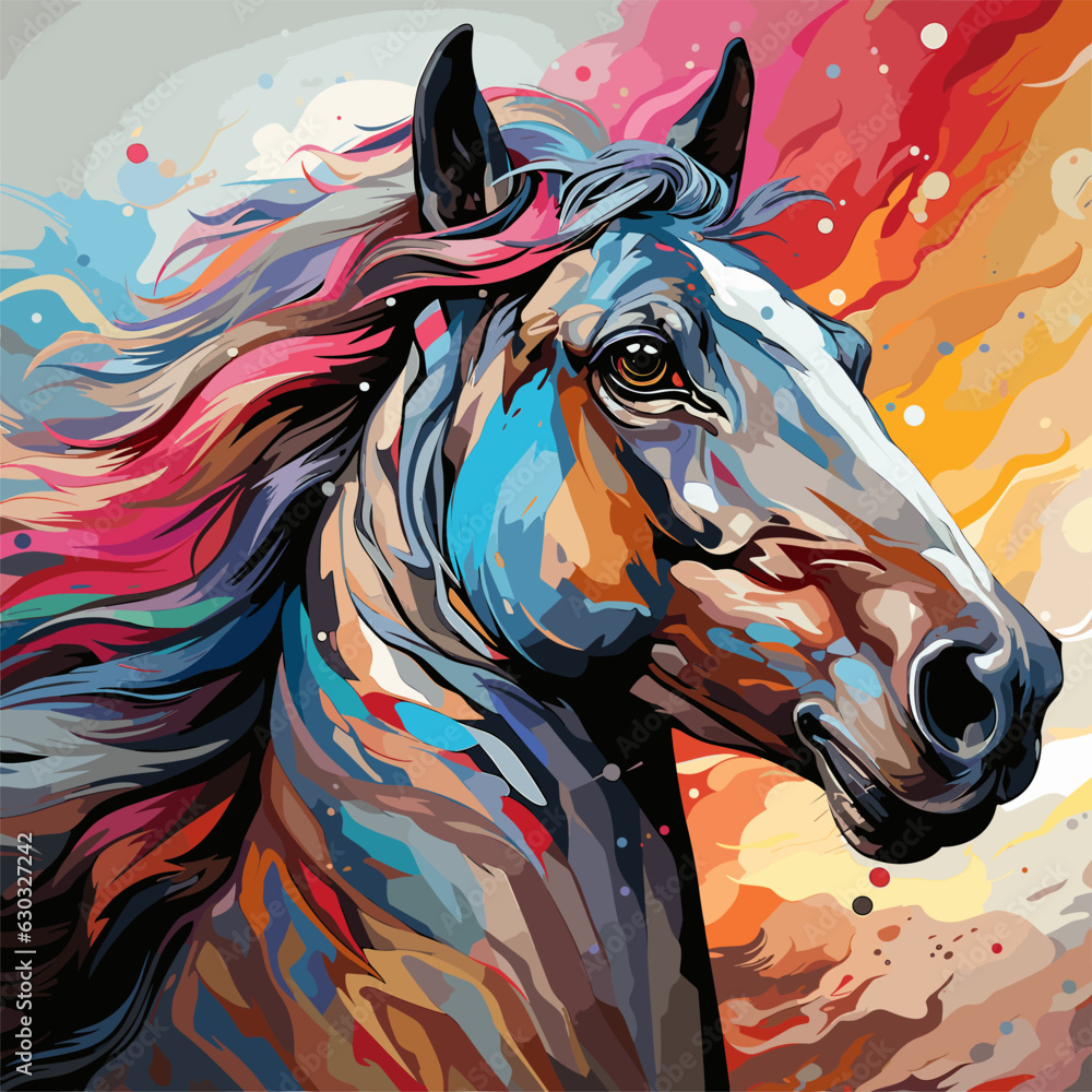 Painting of horse's head with colorful paint splatters.