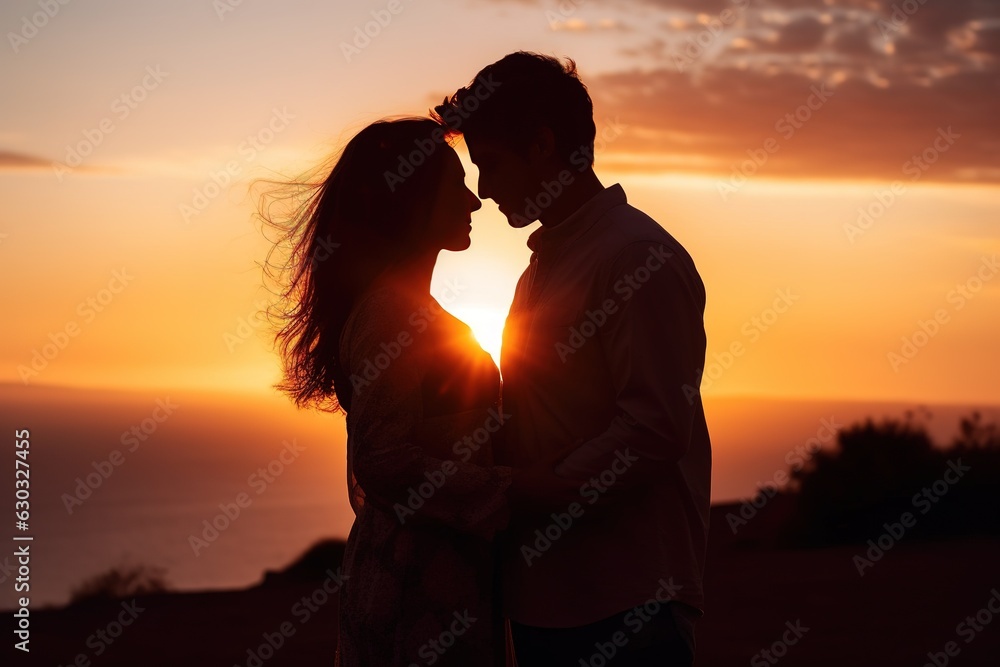 couple in love silhouette at sunset - obrazy, fototapety, plakaty 