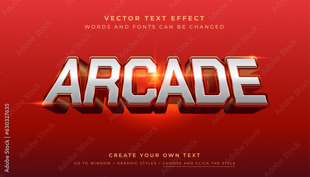 Vector Editable 3D silver arcade text effect. Perspective game action ...