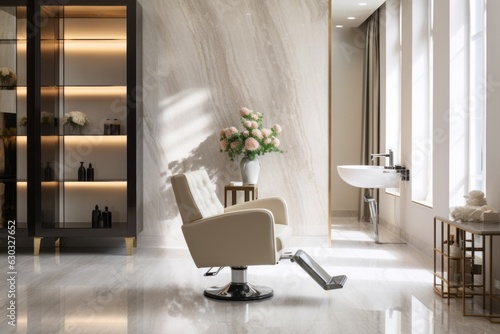 Modern and elegant interior design of professional beauty salon and spa with luxury styling chair