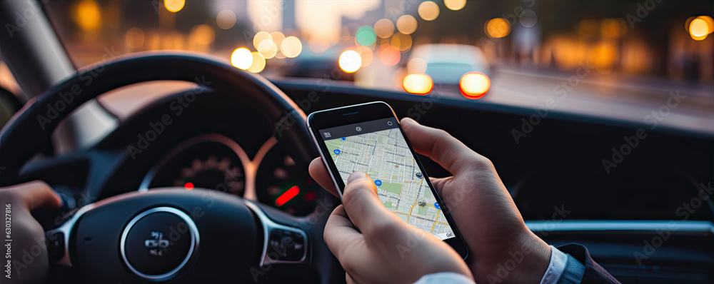 Car driver using GPS navigation in mobile phone.