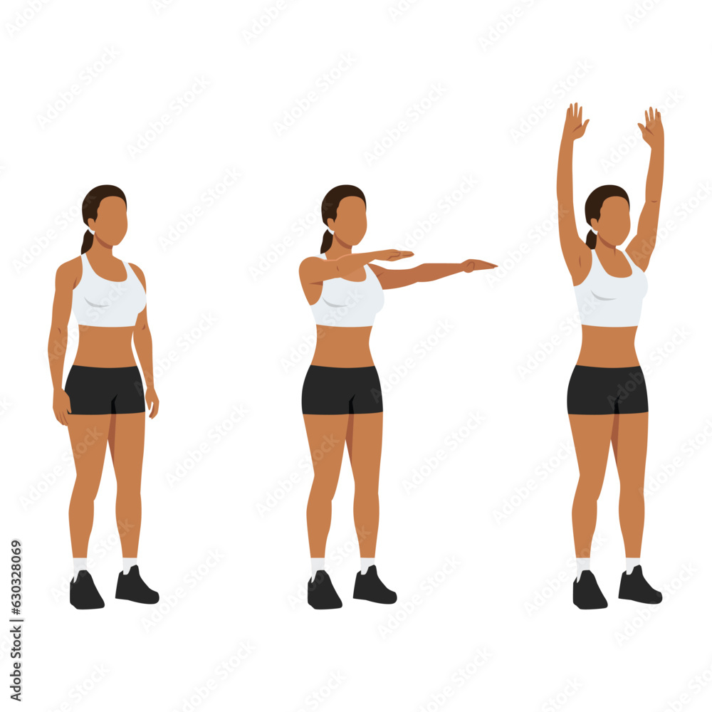 Woman doing double arm front raises to overhead extension. Flat vector illustration isolated on white background Woman doing double arm front raises to overhead extension. Flat vector illustration isolated on white background