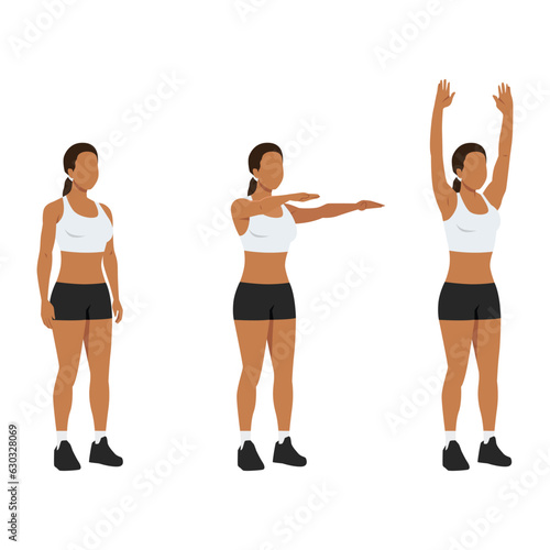 Woman doing double arm front raises to overhead extension. Flat vector illustration isolated on white background