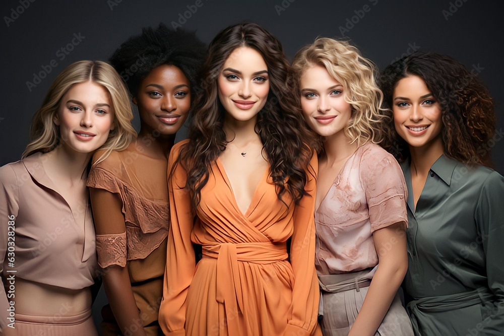 Portrait diversity beauty women with skincare smile and happy models, different and empowerment with motivation against studio background Portrait diversity beauty women with skincare smile and happy models, different and empowerment with motivation against studio background