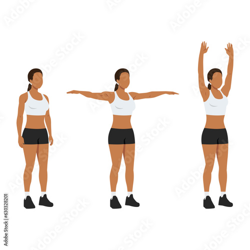 Woman doing double arm side or lateral raises to overhead extension exercise. Flat vector illustration isolated on white background