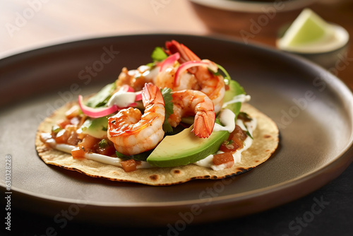 Mexican dish tostada with avocado and shrimp photo