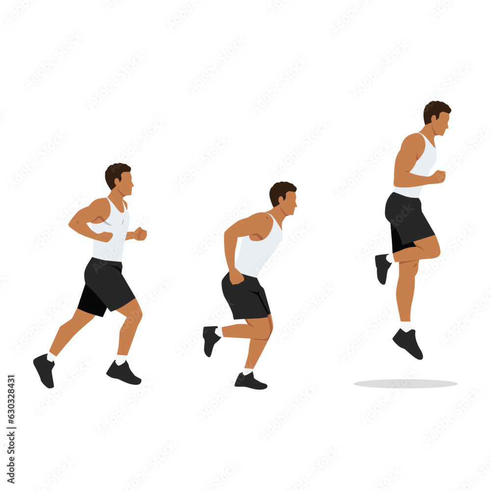Man doing single or one leg hops or jumps exercise. Hops or hopping exercise. Flat vector illustration isolated on white background Man doing single or one leg hops or jumps exercise. Hops or hopping exercise. Flat vector illustration isolated on white background