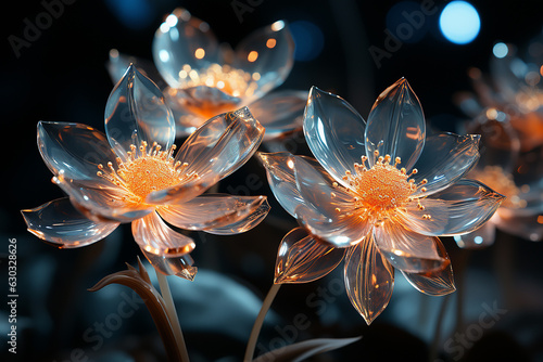 Beautiful glass flowers with a dark background and shining in the sunlight are fascinating. Generative AI.