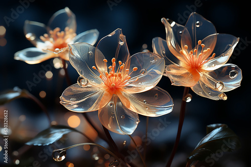 Beautiful glass flowers with a dark background and shining in the sunlight are fascinating. Generative AI.